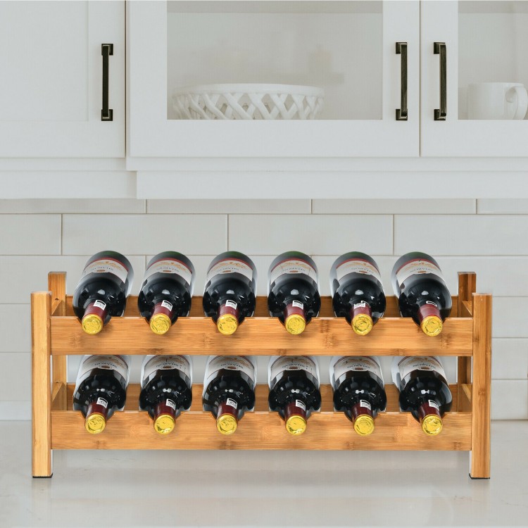 Bamboo wine rack holding 12 bottles, featuring a natural texture, perfect for kitchen or dining room storage.