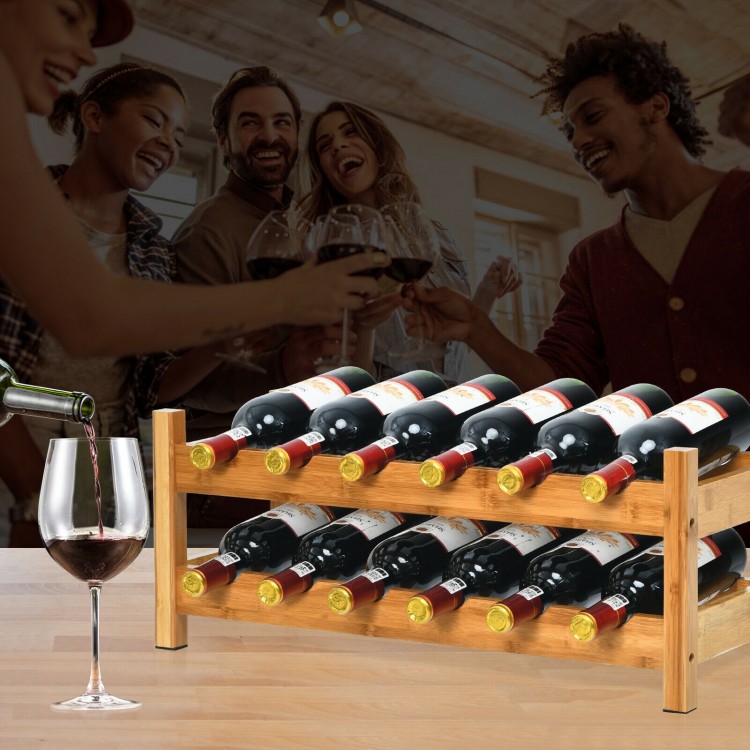 Bamboo wine rack holding 12 bottles, featuring a natural texture, perfect for kitchens and dining rooms.
