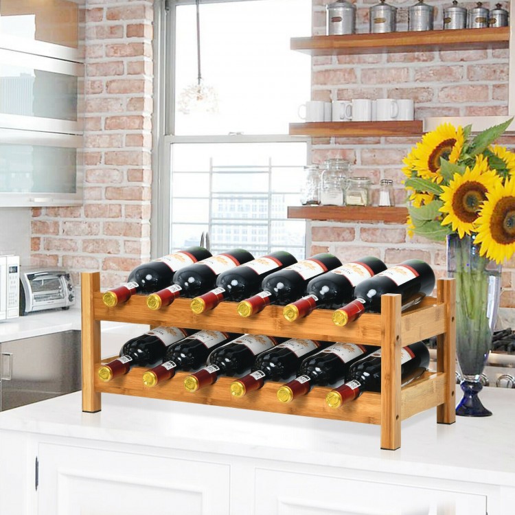 Bamboo wine rack holding 12 bottles, showcasing natural texture, ideal for kitchen or dining room storage.