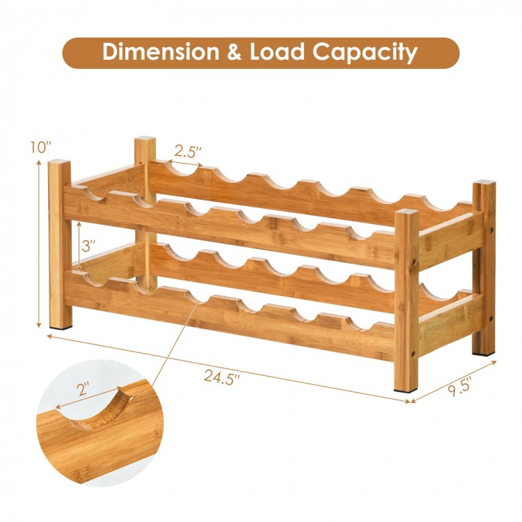 2-tier bamboo wine rack holding 12 bottles, featuring a natural finish and space-saving design for kitchens or dining.