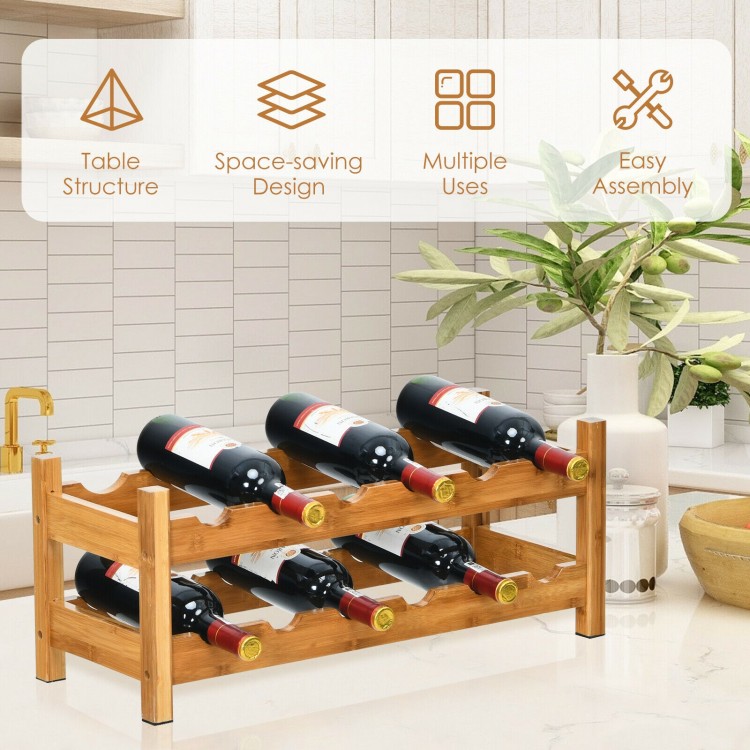 2-tier bamboo wine rack holding 12 bottles, featuring a natural texture, space-saving design, ideal for kitchens or.