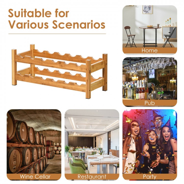 2-tier bamboo wine rack holding 12 bottles, eco-friendly design, perfect for kitchens, dining rooms, or wine cellars.