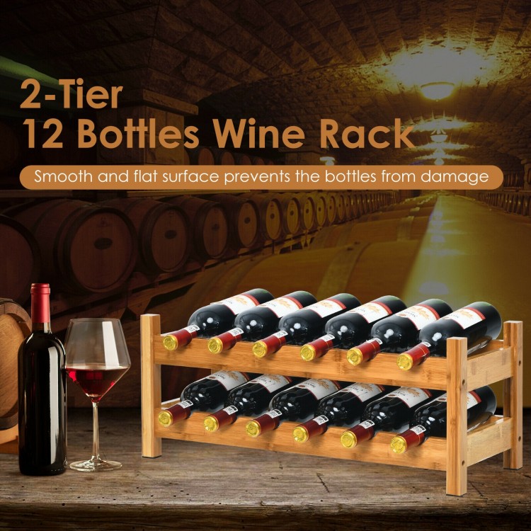 2-tier bamboo wine rack holding 12 bottles, designed for elegant storage and freshness, ideal for kitchen or wine.