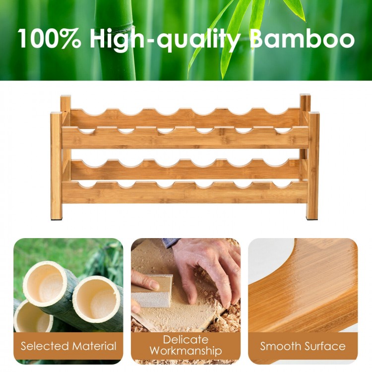 2-tier bamboo wine rack holding 12 bottles, featuring a smooth surface and natural texture for elegant storage.