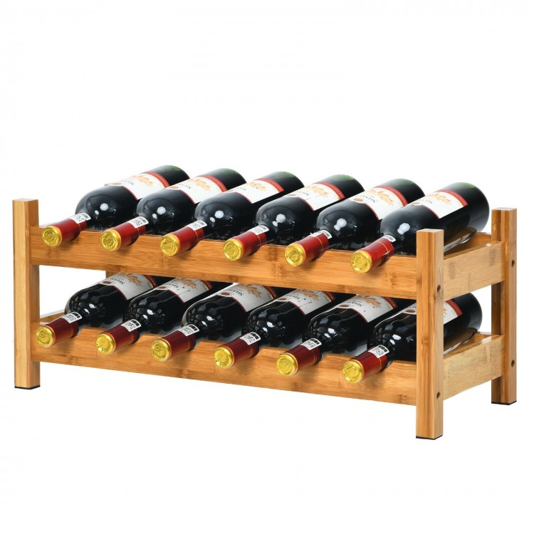 2-tier bamboo wine rack holding 12 bottles, designed for elegant storage and freshness in kitchens or wine cellars.