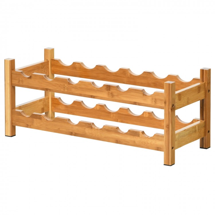 2-tier bamboo wine rack holding 12 bottles, featuring a natural texture, perfect for kitchen or dining room use.