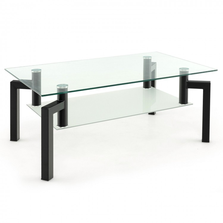 Rectangular glass coffee table with black metal tube legs and a lower shelf, perfect for living room essentials.