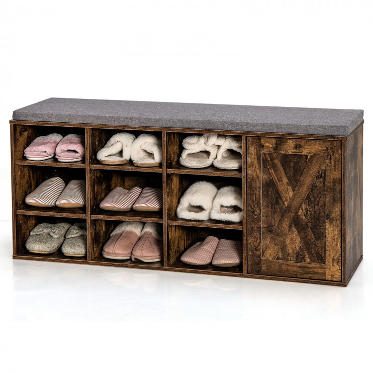 Rustic brown 9-cube shoe bench featuring adjustable heights and a push-to-open door cabinet, ideal for stylish storage.