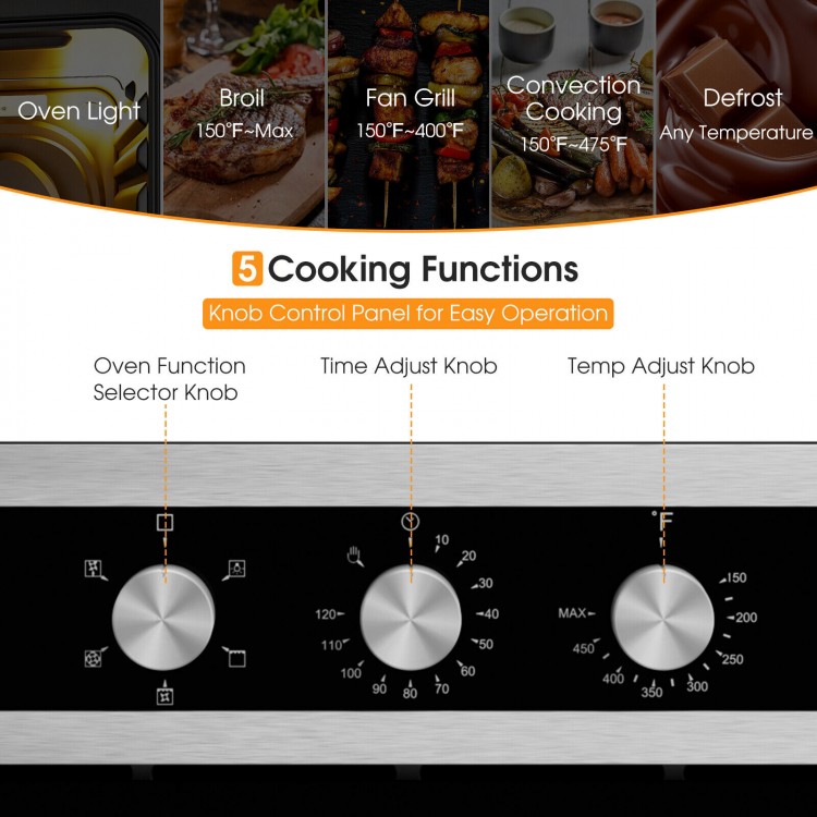 24-inch single wall oven with stainless steel finish, featuring 5 cooking functions and knob controls for easy.