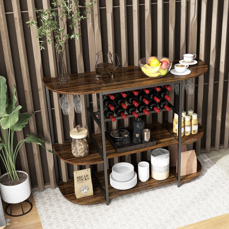 Rustic brown 47-inch wine rack table with glass holder and 3-tier storage shelves, ideal for kitchen or dining room use.