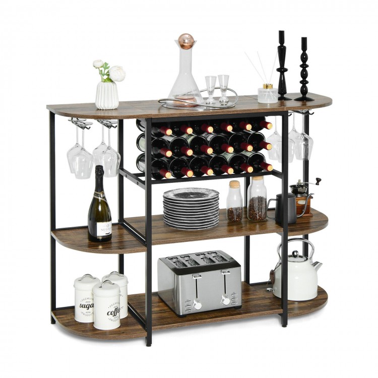 Rustic brown 47-inch wine rack table with glass holder, storage shelves, and capacity for 18 wine bottles, ideal for.