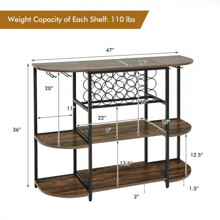 47-inch rustic brown wine rack table with glass holder and storage shelves, featuring a 3-tier design for 18 bottles.