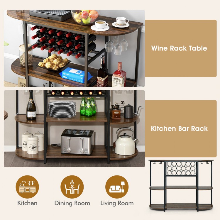 47-inch rustic brown wine rack table with glass holder, 3-tier shelves for 18 bottles, ideal for kitchen or dining room.