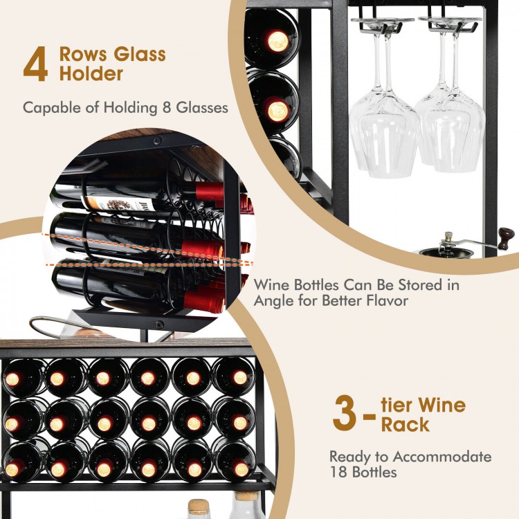 47-inch rustic brown wine rack table with 3-tier storage, holding 18 bottles and 8 glasses for stylish home decor.