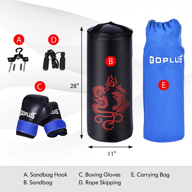 Filled punching boxing set featuring a 28" sandbag, gloves, jump rope, and carrying bag for training and fitness.