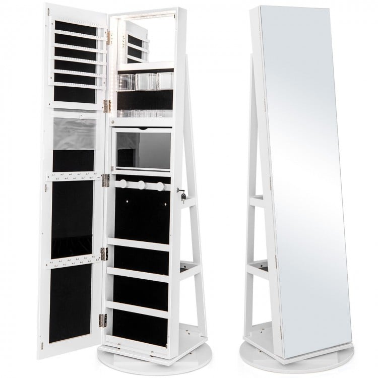 360° rotating jewelry cabinet armoire in white showcasing a lockable door, spacious interior, and built-in mirror for.