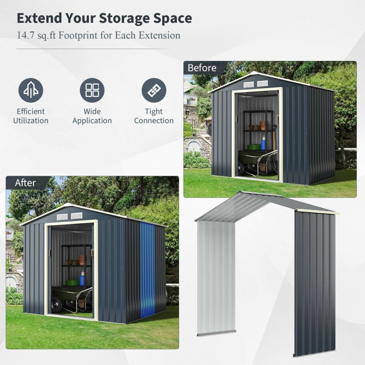 Outdoor storage shed extension kit for 7 ft width, made of premium steel, adds 14.7 ft² storage space for garden tools.