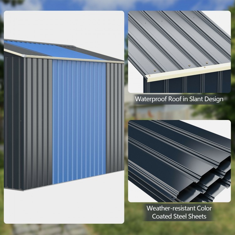 Outdoor storage shed extension kit made of premium color coated steel, designed for 7 ft width, adds 14.7 ft² storage.