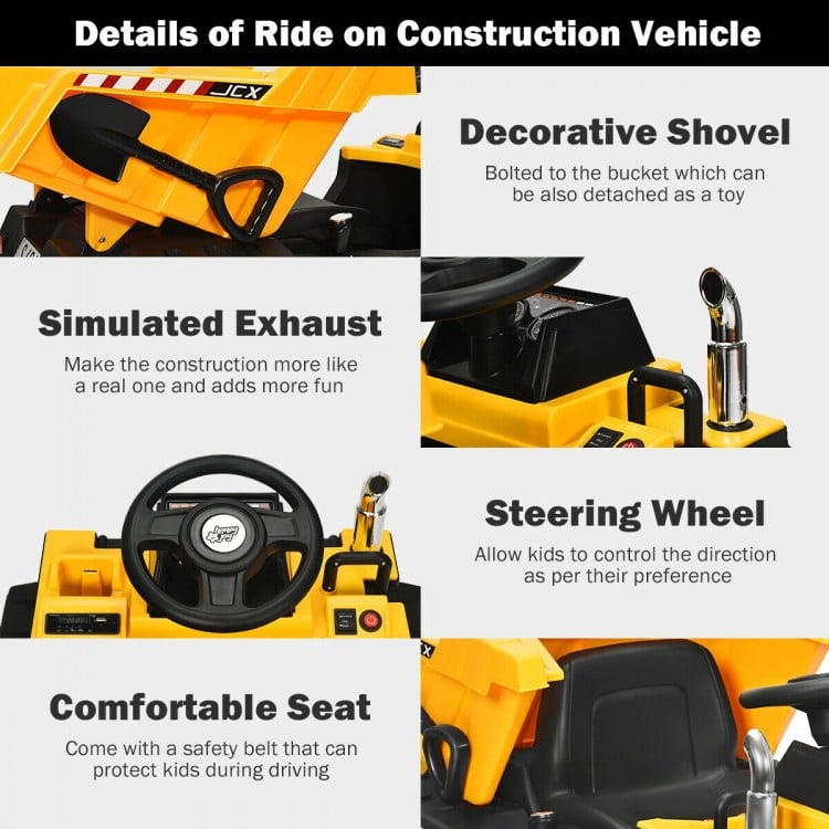 Yellow 12V kids ride-on dump truck with electric bucket, steering wheel, and comfortable seat for safe outdoor fun.