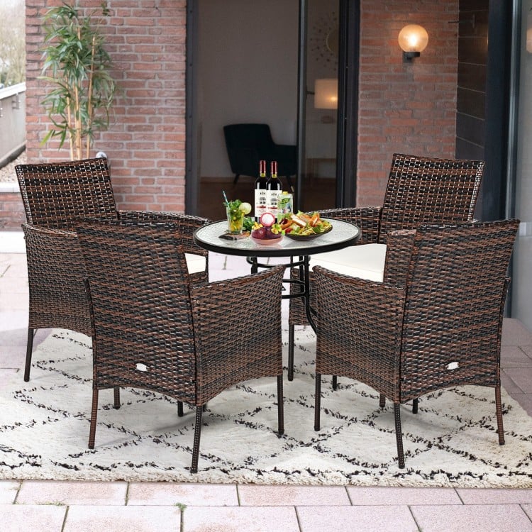 Set of two outdoor PE rattan armchairs with removable waterproof cushions, perfect for patio or garden relaxation.