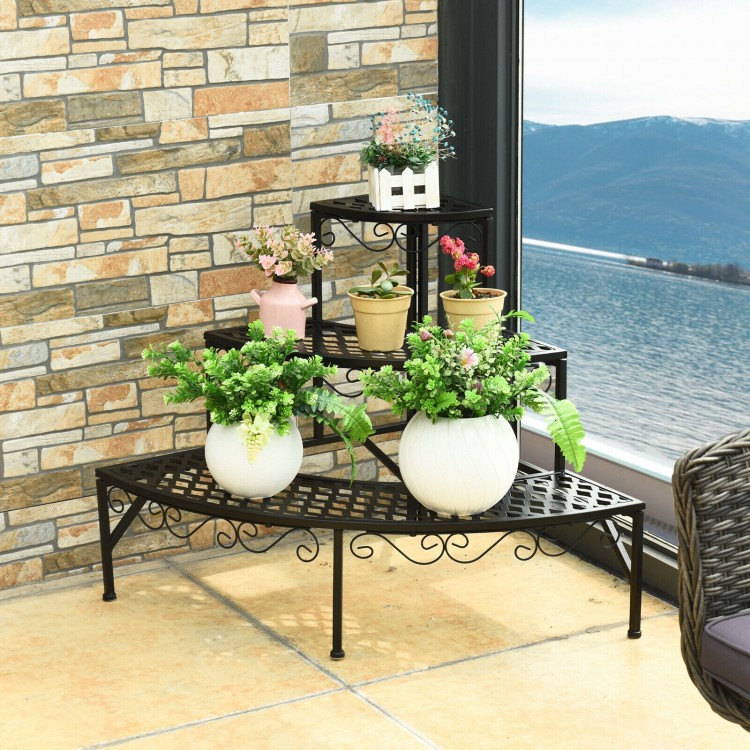 Three-tier metal corner plant display rack with spacious partitions, sturdy frame, and decorative lace for indoor or.