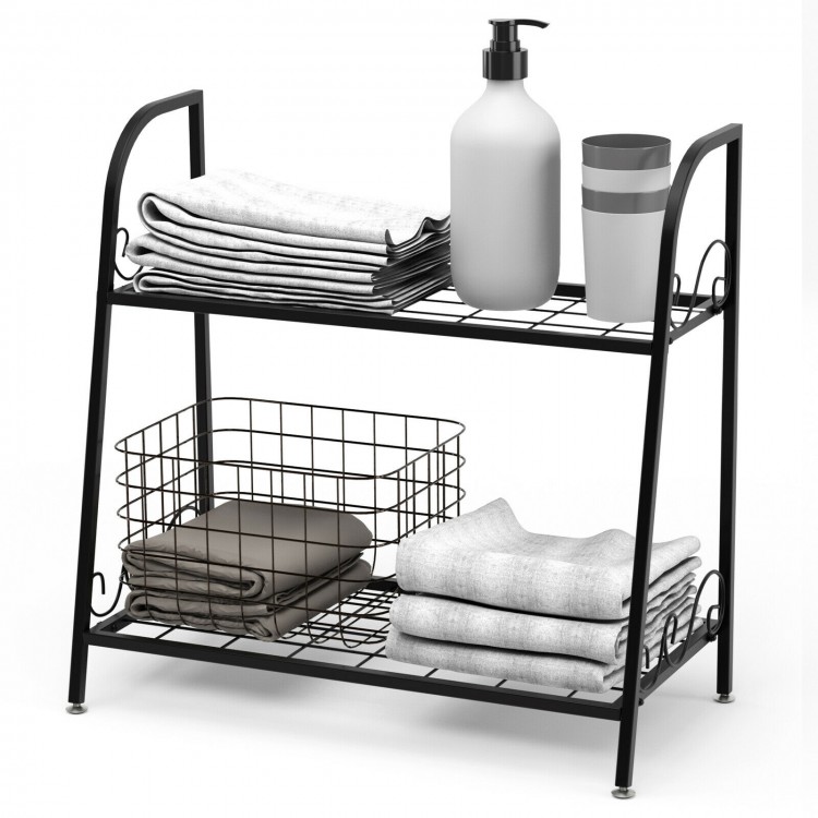 2-tier metal plant stand with a black powder-coated finish, ideal for storing plants and decorations in any space.