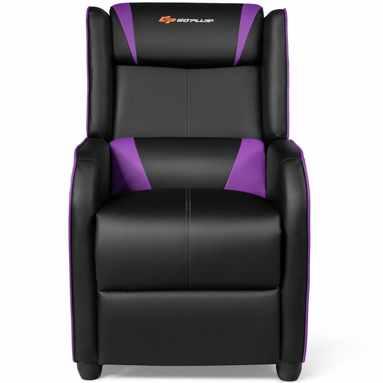 Gaming recliner chair in purple and black with adjustable backrest, lumbar massage, and side storage pockets for.