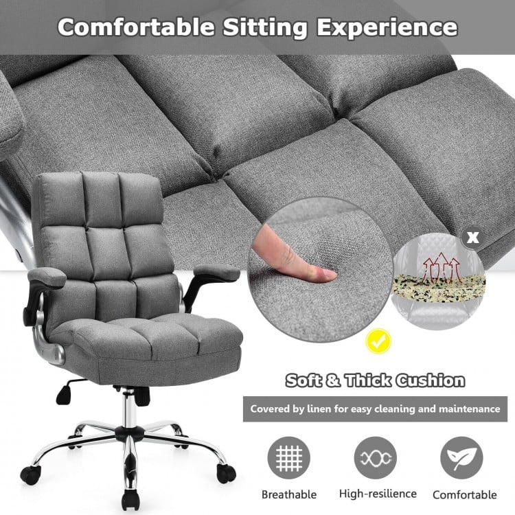 Adjustable swivel office chair in gray with high back, soft cushion, and flip-up armrests for comfort in home or office.