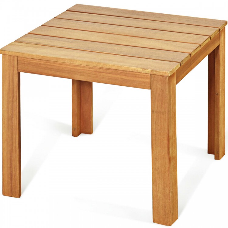 Square wooden patio coffee table made of acacia wood, waterproof varnish finish, perfect for outdoor and indoor use.