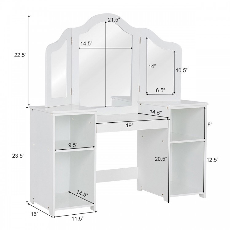 Tri-folding mirror design of kids' makeup vanity table set in white, featuring rounded corners for enhanced safety and.