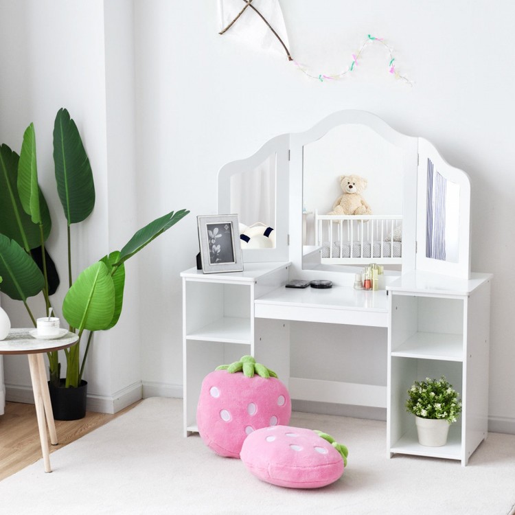 Kids tri-folding mirror makeup dressing vanity table set in white with storage compartments for a stylish and safe play.