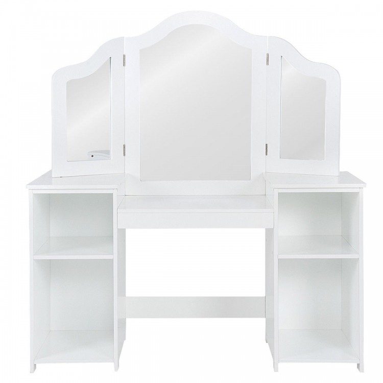 Kids tri-folding mirror makeup dressing vanity table set in white with four storage compartments for a stylish, safe.