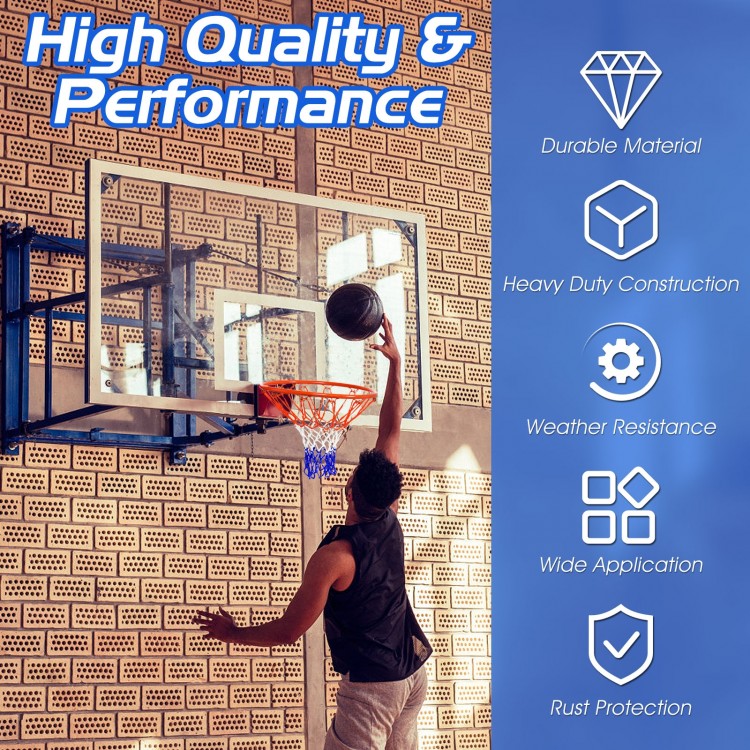 18-inch wall-mounted basketball hoop with solid steel rim, designed for durability and weather resistance for outdoor.
