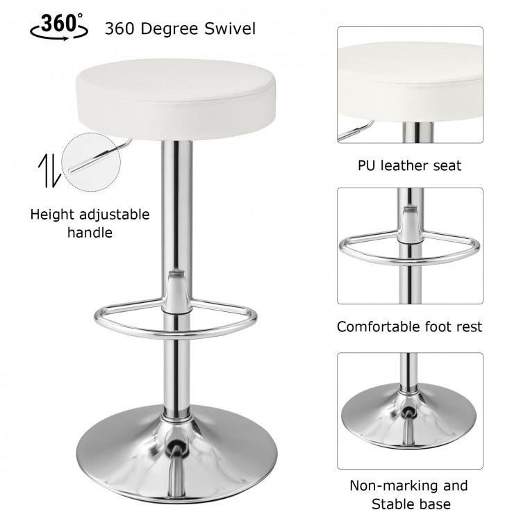 White PU leather swivel barstool with chrome footrest, height adjustable, perfect for kitchen or bar seating.