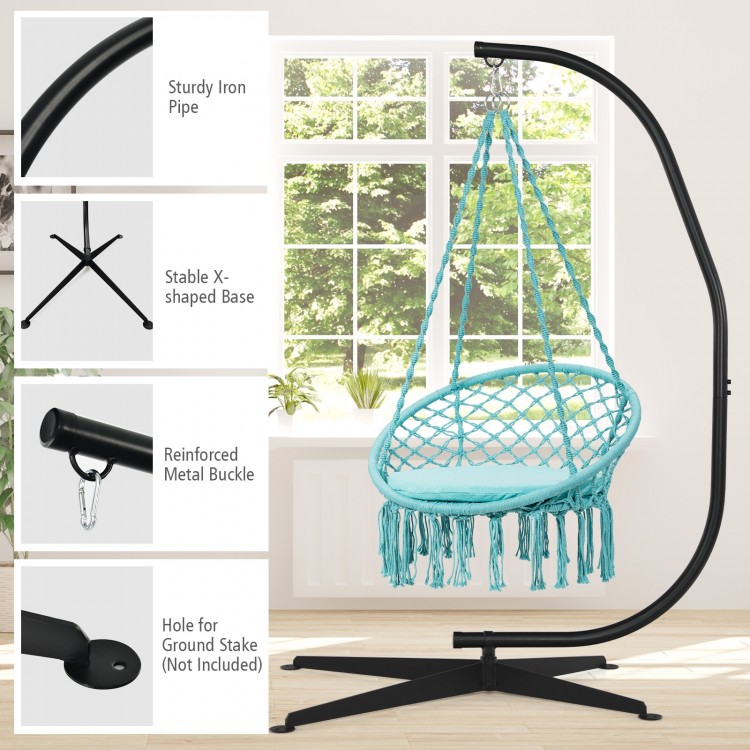 C hammock frame stand with sturdy black powder-coated steel, featuring an X-shaped base for stability indoors or.