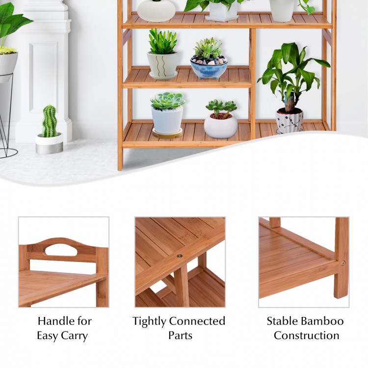 Four-tier bamboo storage shoe rack with side handles, designed for entryway or hallway, promoting airflow and easy.