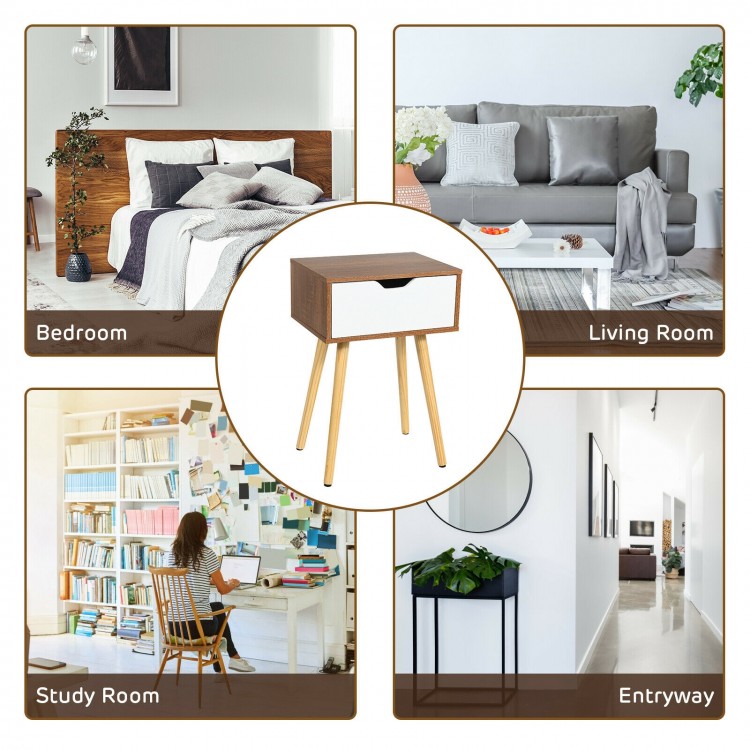 End side storage drawer nightstand with solid wooden legs, perfect for bedroom or living room decor and efficient space.