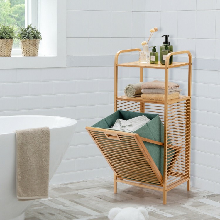 Natural bamboo laundry hamper with oxford fabric liner and open design for efficient storage in bathroom or bedroom.