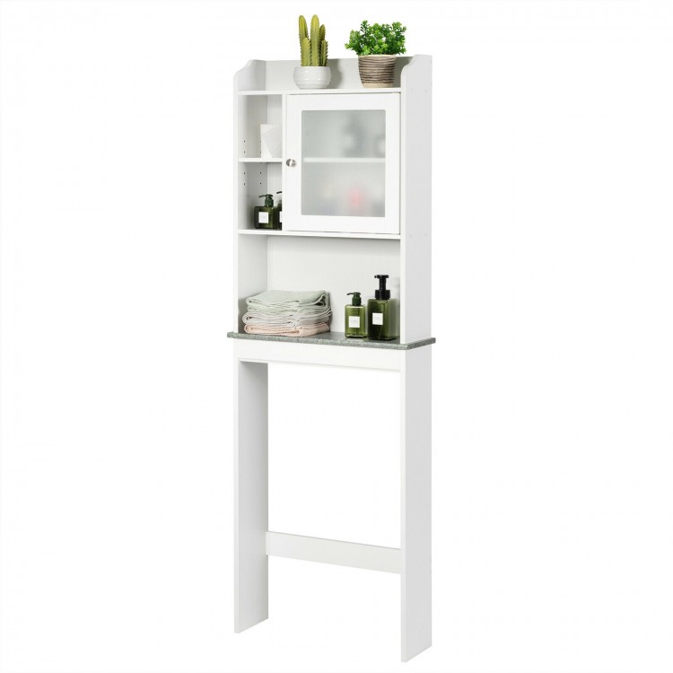 White over-the-toilet cabinet featuring a sleek design, metal handle knobs, and a moisture-proof construction for.