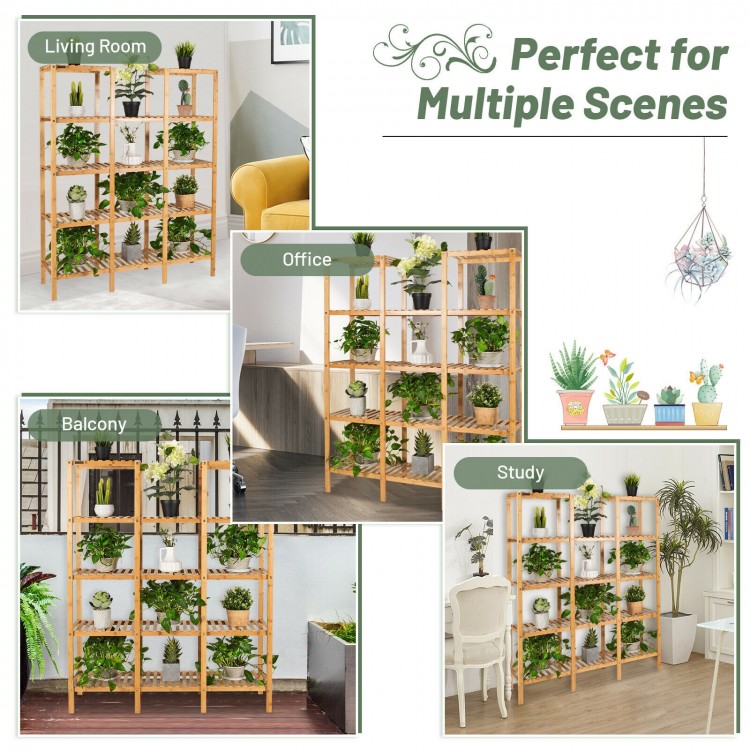 5-tier bamboo shelf with 12 cubes for plants and decor, perfect for living room, office, balcony, or study use.