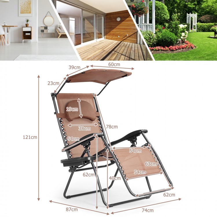 Folding recliner lounge chair with adjustable shade canopy, cup holder, and steel frame for outdoor relaxation.