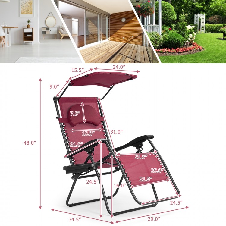 Folding recliner lounge chair with adjustable shade canopy, cup holder, and durable steel frame for outdoor relaxation.