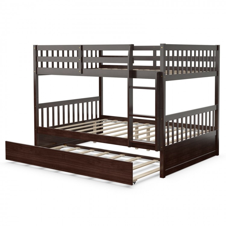 Full over full bunk bed in brown wood with trundle, featuring sturdy slats and high guardrails for safety in compact.