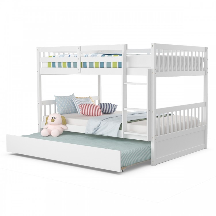 Full over full bunk bed in white wood with integrated trundle, showcasing a modern design perfect for compact kid's.