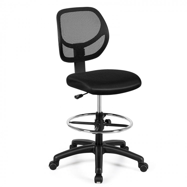 Mid back mesh drafting office chair with adjustable footrest and universal wheels for enhanced mobility and comfort.