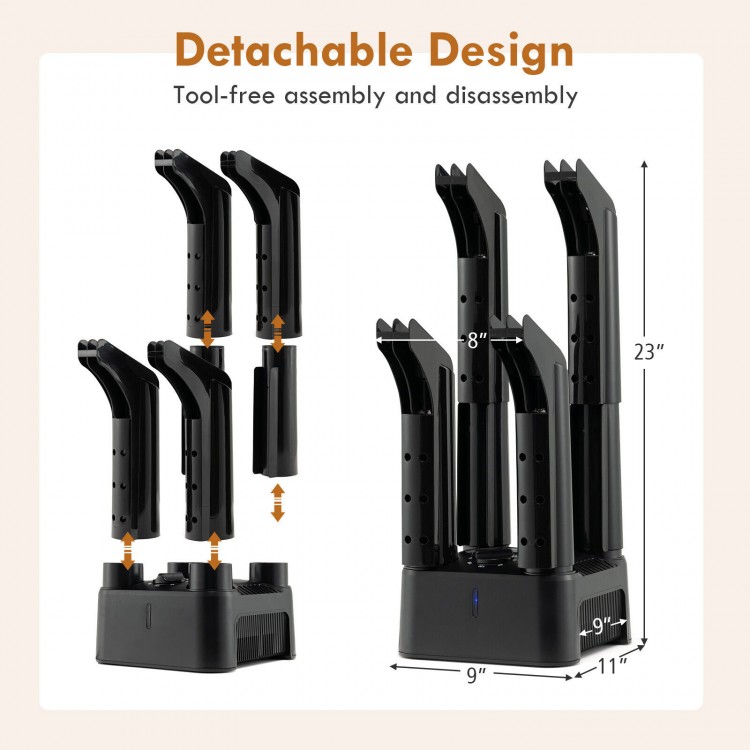 Detachable 4-shoe electric dryer with timer, featuring anti-blocking tubes and low-noise operation for efficient drying.
