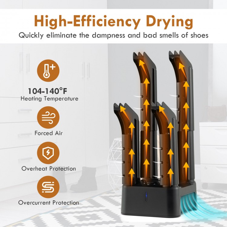 4-tube electric shoe dryer with timer, high-efficiency heat blower for quick drying, designed for safety and low noise.