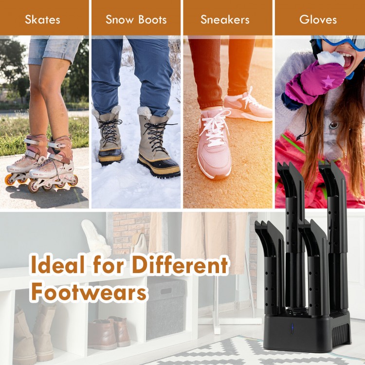 4-tube electric shoe dryer with timer, designed for drying shoes, gloves, and socks efficiently and quietly.