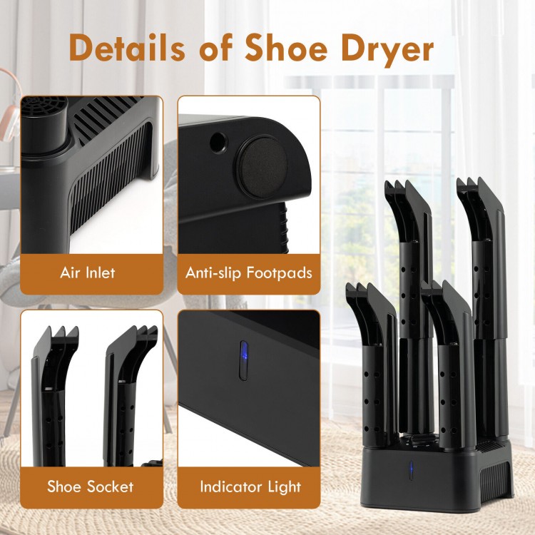 4-tube electric shoe dryer with anti-slip footpads and timer for efficient drying of shoes, socks, and gloves.