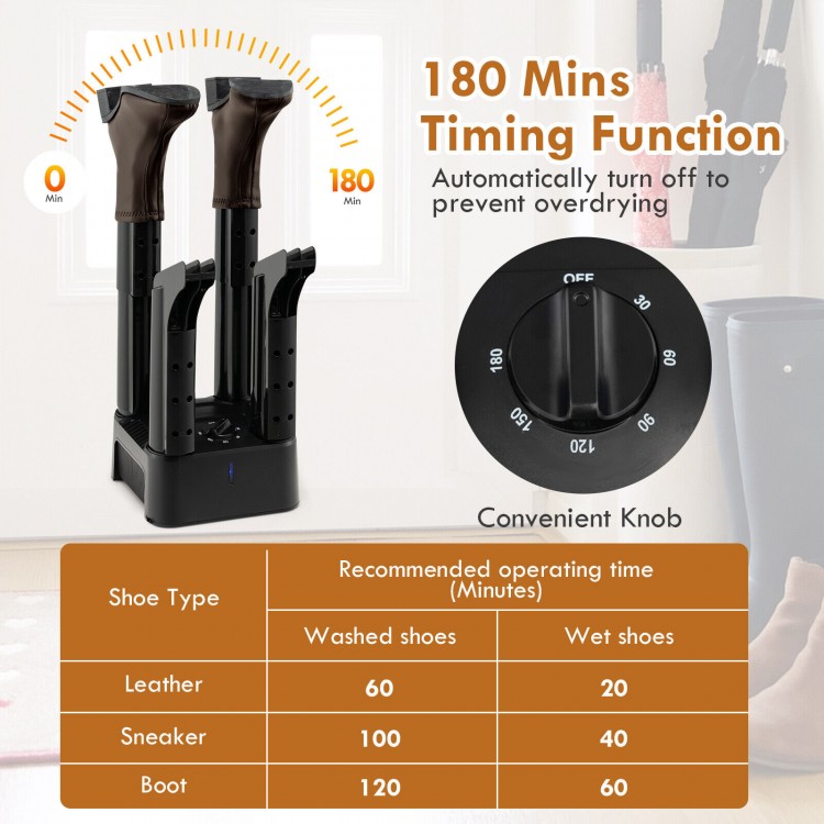 4-tube electric shoe dryer with timer for drying shoes, socks, and gloves, featuring low noise and safety protections.